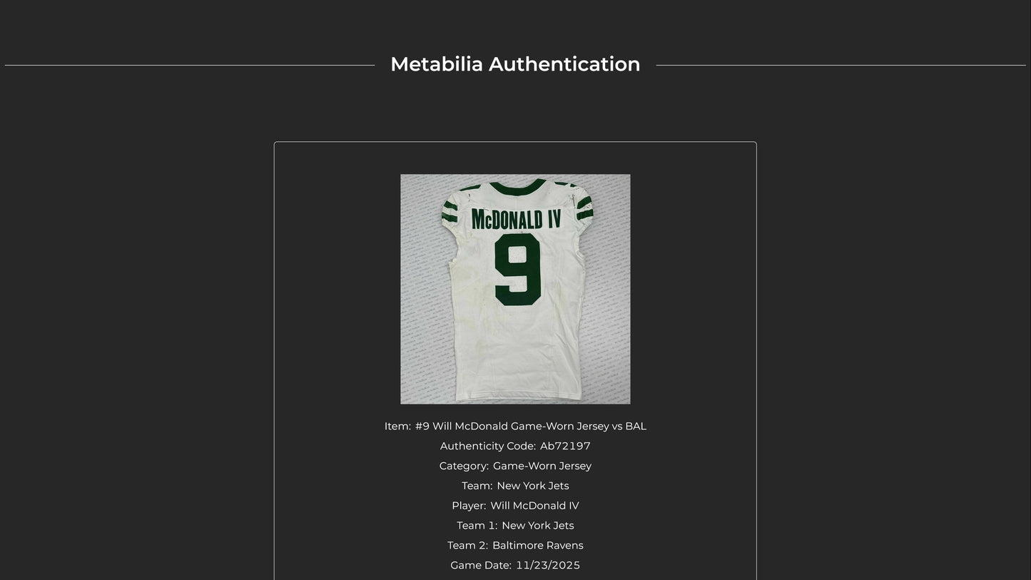 Will McDonald IV GAME WORN 💪 11/23/2025 New York Jets NFL Jersey 👕 vs Baltimore Ravens Also Includes Certificate of Authenticity 🛡️