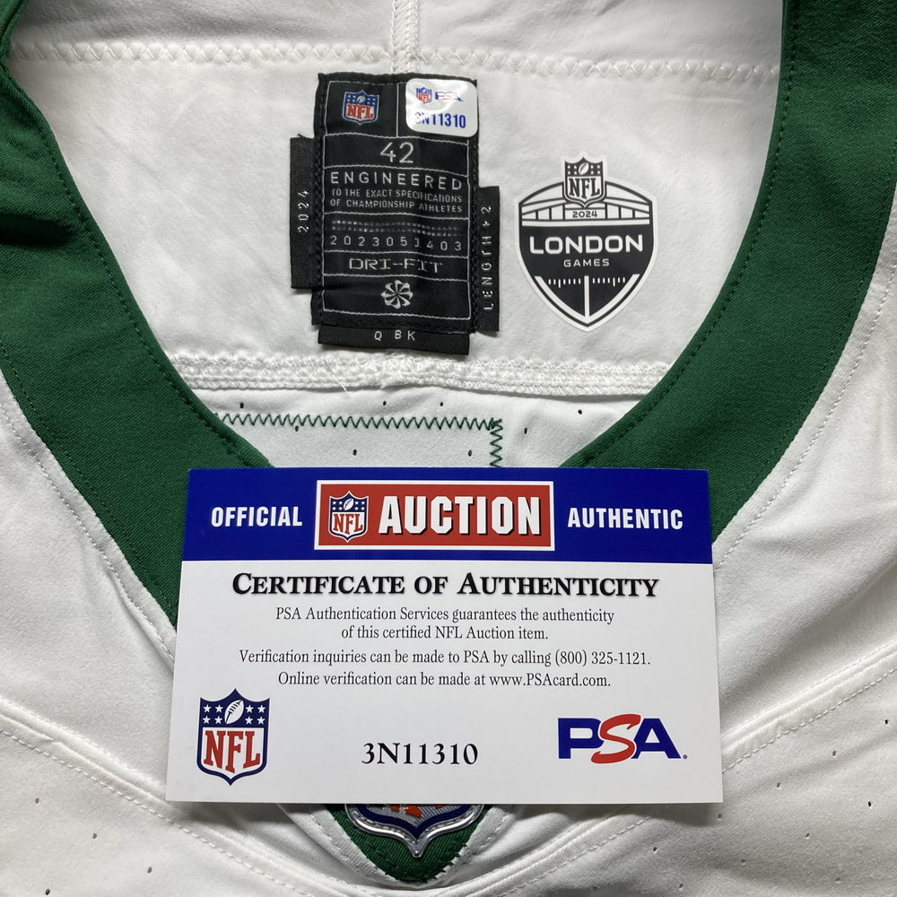 Adrian Martinez GAME WORN 💪 10/06/24 PHOTO MATCHED 📸  New York Jets Nike NFL Jersey 👕 vs. Vikings Also features official London Games patch + PSA COA🛡️