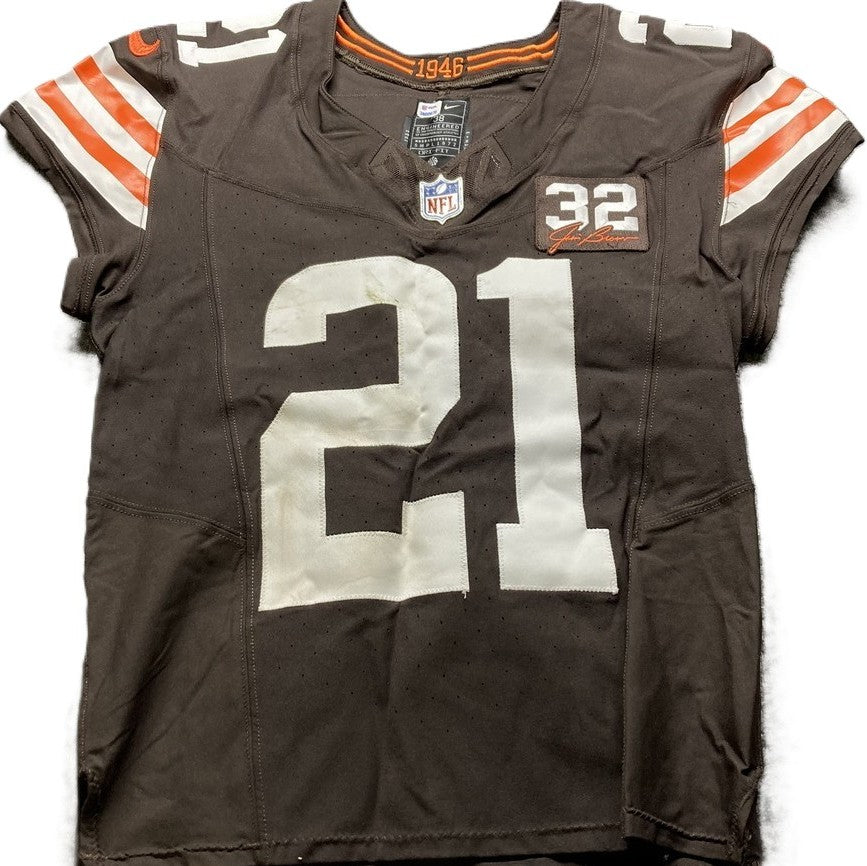 Denzel Ward GAME WORN/USED 10/01/23 💪 Cleveland Browns NFL Jersey 👕 vs. Baltimore Ravens Inc. PSA Authenticity 🛡️ + Jim Brown memorial Patch
