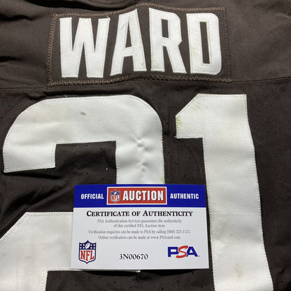 Denzel Ward GAME WORN/USED 10/01/23 💪 Cleveland Browns NFL Jersey 👕 vs. Baltimore Ravens Inc. PSA Authenticity 🛡️ + Jim Brown memorial Patch