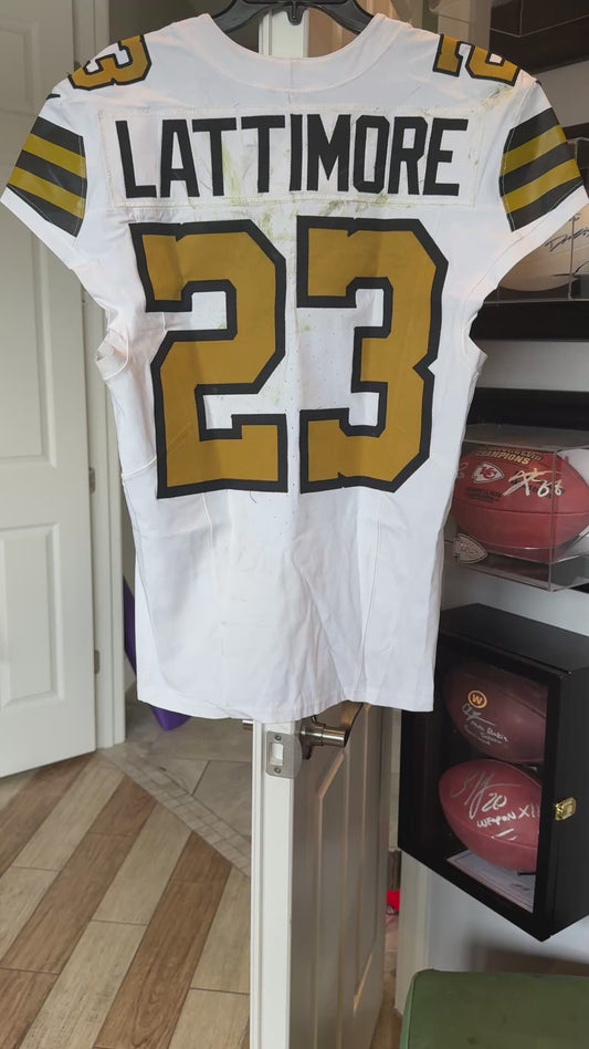 Marshon Lattimore GAME WORN 💪 10/07/24 PHOTO MATCHED 📸 New Orleans Saints ⚜️ Nike NFL Jersey🎽 vs. Kansas City Chiefs - PSA Authenticated 🛡️