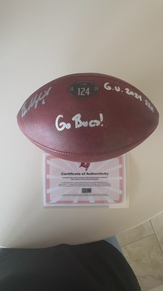 Baker Mayfield GAME USED 💪 and Signed + Inscribed Tampa Bay Buccaneers Wilson DUKE Ball Inscribed "G.U. 2024 Szn   Go Bucs!" Proof of Authenticity included 📄