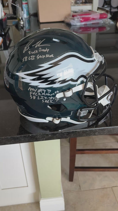 Brandon Graham + Milton Williams Signed + Inscribed Philadelphia Eagles🦅Full-Size Authentic NFL Speed Helmet - "F Brady SB LII Strip Sack" & "F Mahomes SB LIX Strip Sack"