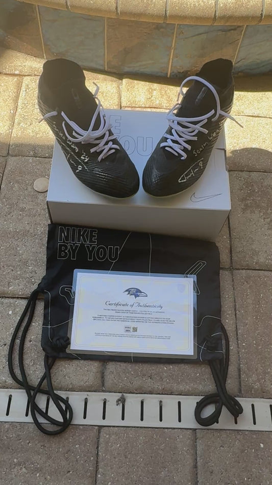Justin Tucker Signed✍️GAME WORN💪NFL Cleats👟24-25 Season Ravens💜Inscribed🛡️Worn wk 4 Buffalo Bills 09-29-24 & wk 7 Tampa Bay Buccaneers 10-21-24