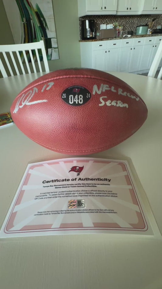 Mike Evans GAME USED 💪 Signed + Inscribed ✍️🖊️ Tampa Bay Buccaneers Wilson Duke Football 24-25 Season Inscribed "NFL Record Season" with Proof of Authenticity 🛡️