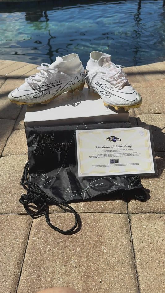 Justin Tucker Signed✍️GAME WORN💪NFL Cleats👟24-25 Season Ravens💜Inscribed🛡️Worn Week 8 vs. Cleveland Browns