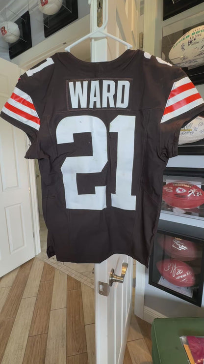 Denzel Ward GAME WORN/USED 10/01/23 💪 Cleveland Browns NFL Jersey 👕 vs. Baltimore Ravens Inc. PSA Authenticity 🛡️ + Jim Brown memorial Patch