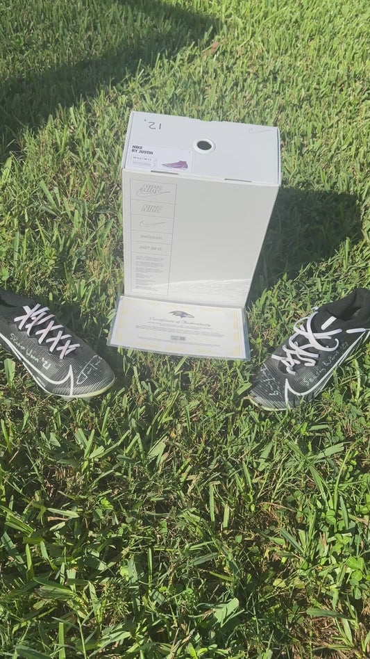 Justin Tucker Signed + Inscribed GAME WORN NFL Cleats 2021-2022 Season Baltimore Ravens Includes COA