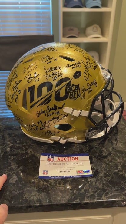Multi Signed over 25 signatures ✍️ Gold 🟡 100th 💯 Season Authentic Full-size Speed NFL Helmet ✨ with PSA 🛡️Authenticity 🖊️Tony Dungy Mel Renfro Tim Brown Bobby Beathard Anthony Muñoz