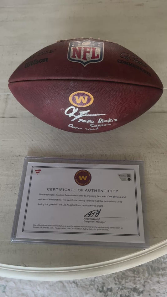 Chase Young GAME-USED & HAND-SIGNED Washington Commanders | NFL Wilson Duke Football – “2020 Rookie Season Game Used” Inscription | 10/11/20 vs. Rams | Fanatics COA ❤️💛