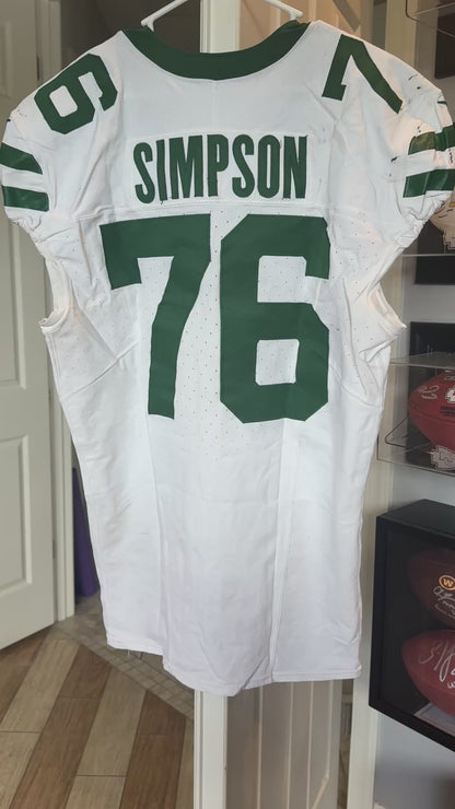 John Simpson GAME USED 💪 10/06/2024 PHOTO MATCHED 📸 New York Jets Nike NFL Jersey 👕vs. Minnesota Vikings in London 🌍 Also includes PSA Authenticity🛡️