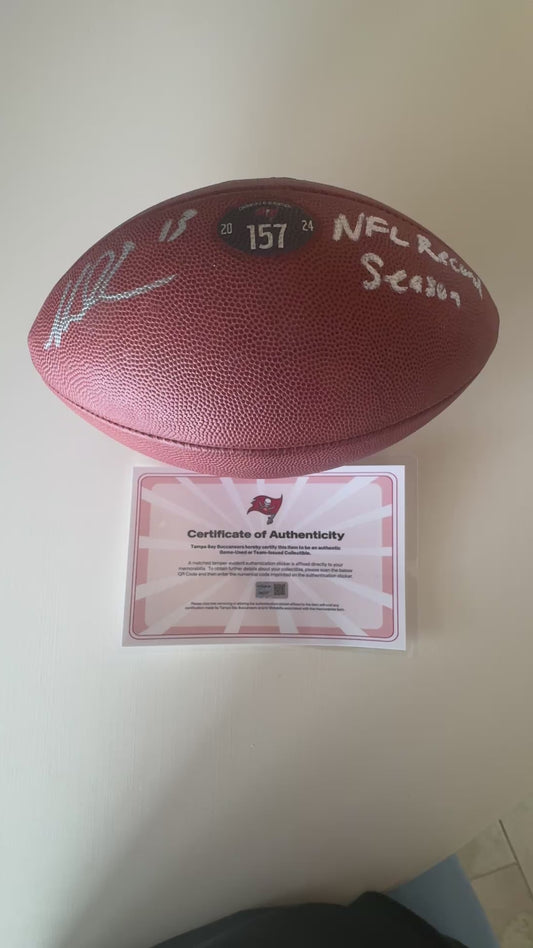 Mike Evans GAME USED 💪 Signed + Inscribed 🖊️ Tampa Bay Buccaneers Wilson Duke Football 24-25 Season Inscribed "NFL Record Season" Inc. Proof of Authenticity