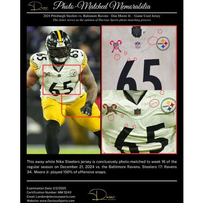 Dan Moore GAME WORN💪12/21/2024 PHOTO MATCHED📸Pittsburgh Steelers NFL Jersey👕Inc.COA💥 vs. Baltimore Ravens